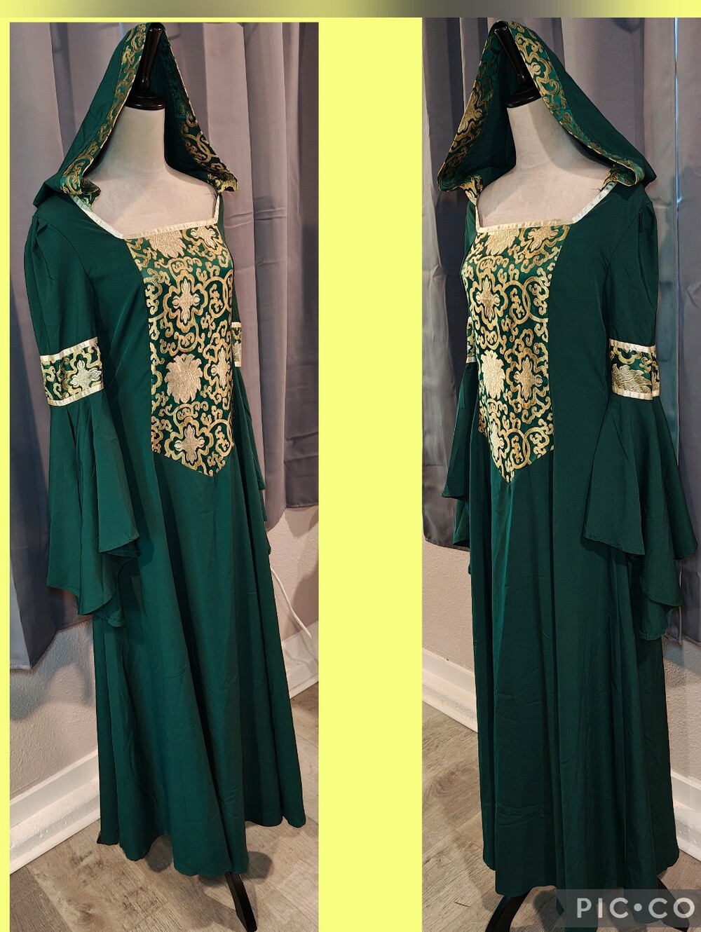 Medieval Renaissance Hooded Gown w Trumpet Sleeves & Ornate Gold Brocade Panel. - Picture 4 of 8